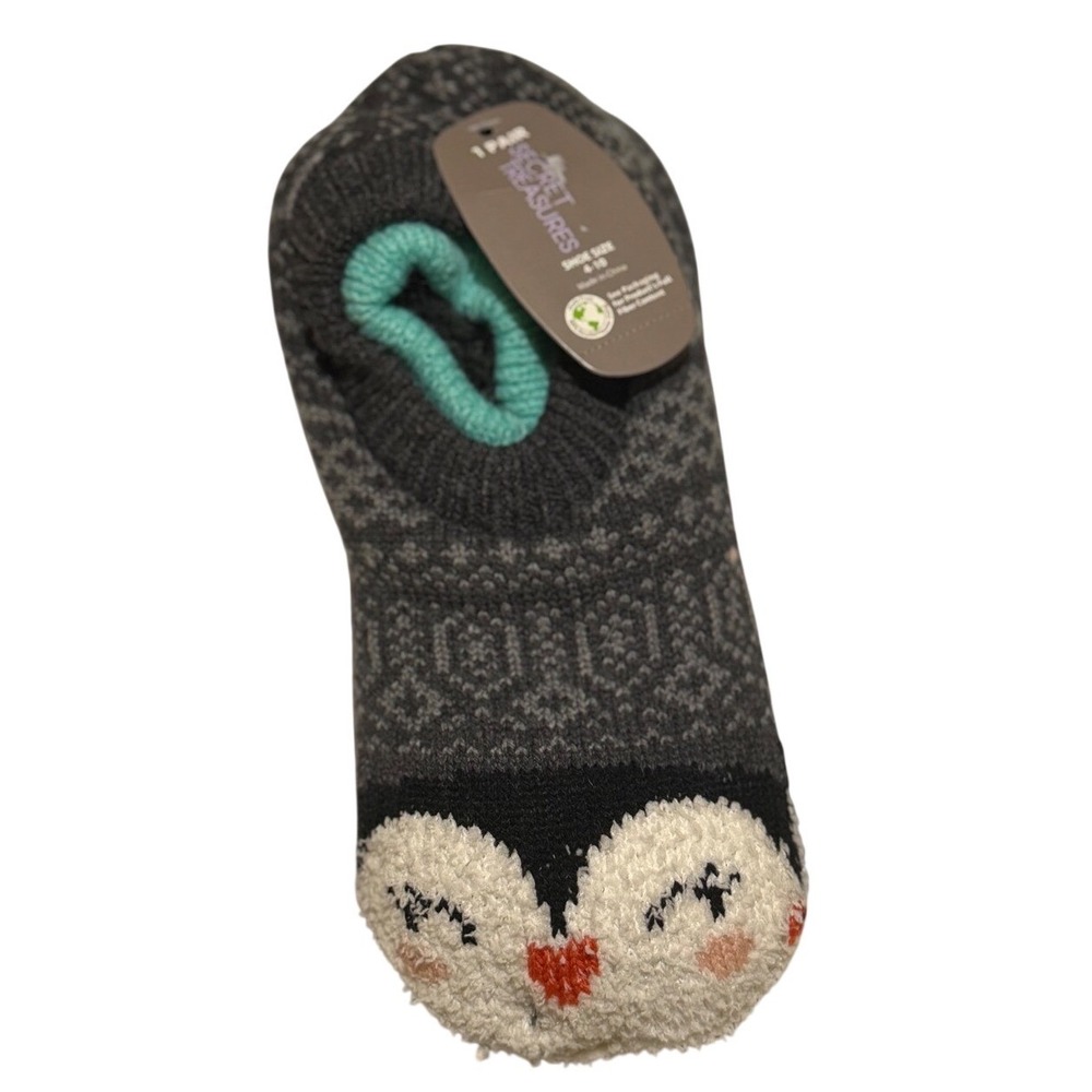 Secret Treasures Slipper‎ Socks Black White Gray Fair Isle Penguin Faux Fur